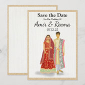 South Asian Illustrated Wedding koppel Save The Date (Voorkant / Achterkant)