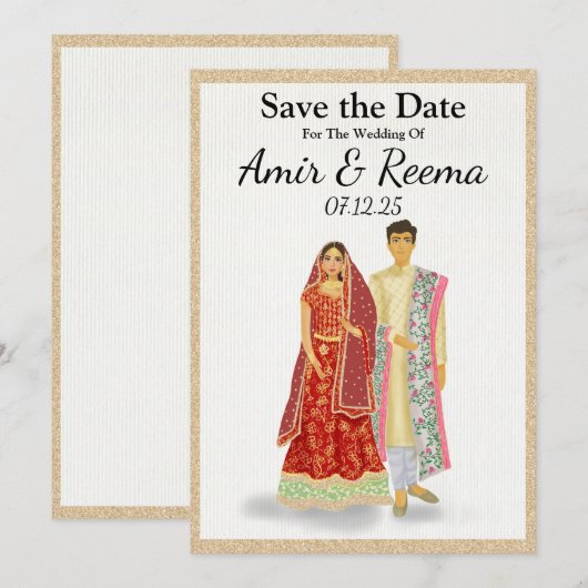 South Asian Illustrated Wedding koppel Save The Date (Voorkant / Achterkant)