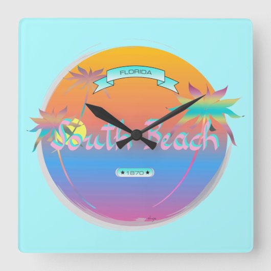 South Beach, Miami, Florida met Palms Wall Clock Vierkante Klok (Voorkant)