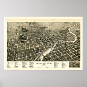 South Bend, IN Panorama Map - 1890 Poster