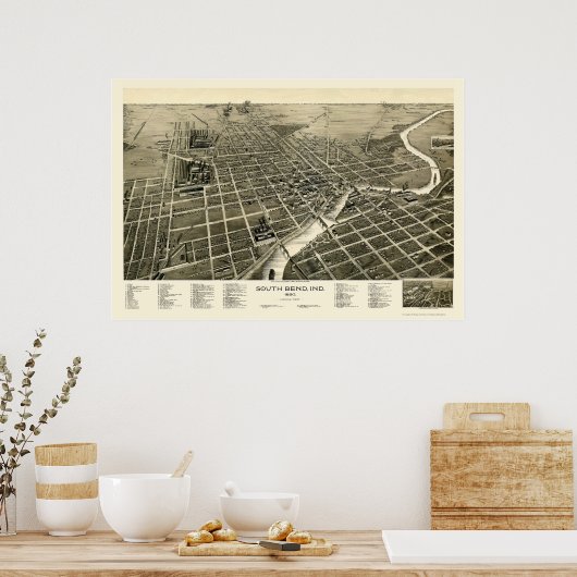 South Bend, IN Panorama Map - 1890 Poster (Keuken)