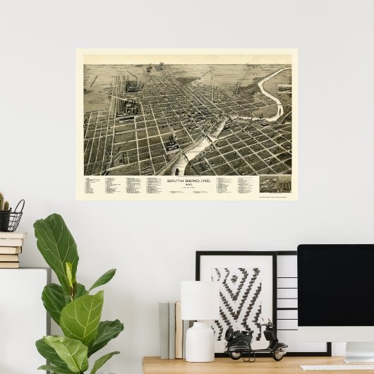 South Bend, IN Panorama Map - 1890 Poster (Thuiskantoor)