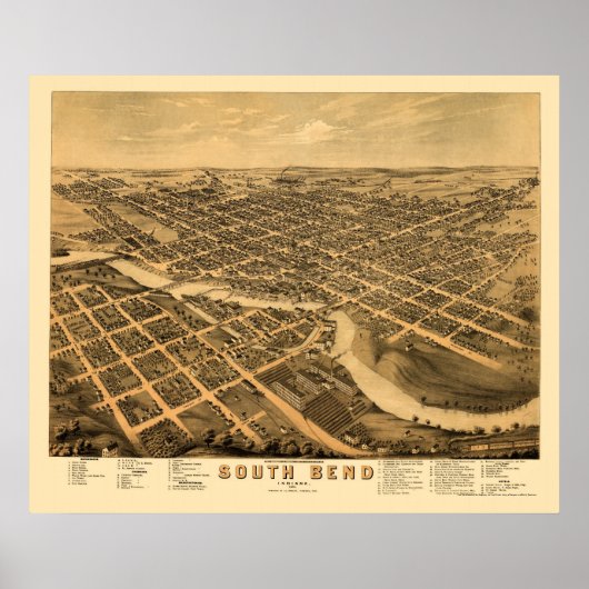 South Bend, IN Panoramic Map - 1874 Poster (Voorkant)