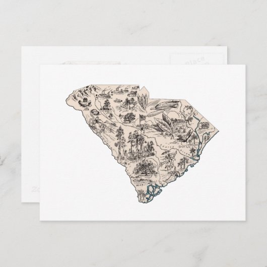 South Carolina  Afbeelding Map Antiek Briefkaart (Voorkant / Achterkant)