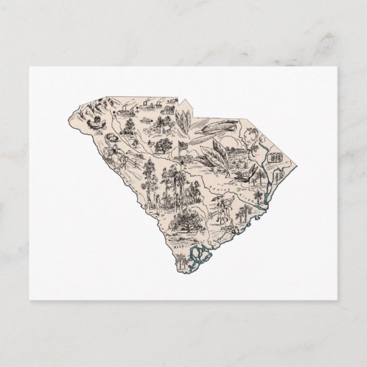 South Carolina  Afbeelding Map Antiek Briefkaart (Voorkant)