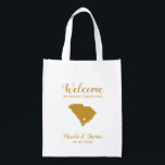 South Carolina Map Wedding Welcome Bag, Gold Tas  Boodschappentas<br><div class="desc">Het weekend van de bruiloft heet cadeautas voor gasten uit de stad voor je bruiloft,  met afbeelding van South Carolina,  met hart dat je op de precieze locatie kunt plaatsen. Vul tas met je favoriete godies.</div>