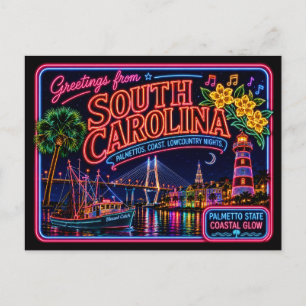 South Carolina Neon Staat Retro Vintage Briefkaart