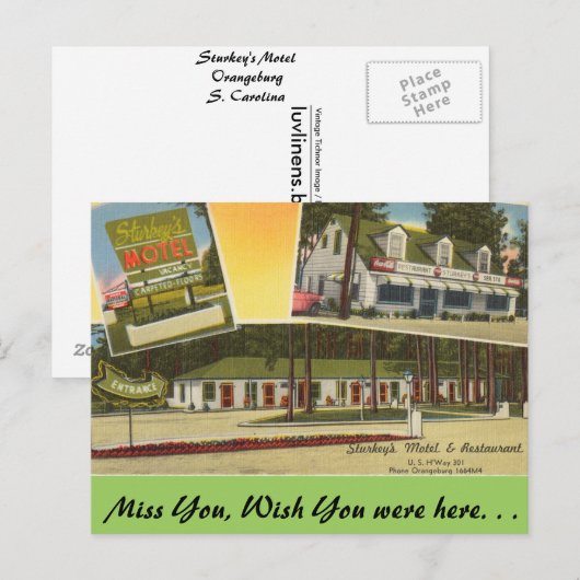 South Carolina, Sturkey's Motel, Orangeburg Briefkaart (Voorkant / Achterkant)