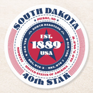South Dakota Red White Blue Typografie Ronde Kartonnen Onderzetter
