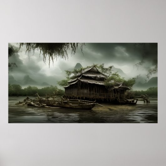 South East Asia Old House op een moeraslandschap Poster (Voorkant)