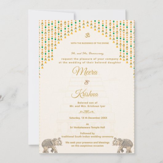South Indian Temple Wedding Invitation Suite Kaart (Voorkant)