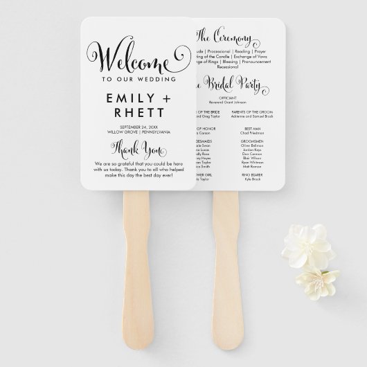 Southern Belle Calligraphy Wedding Programme Handwaaier (Voorkant en achterkant)