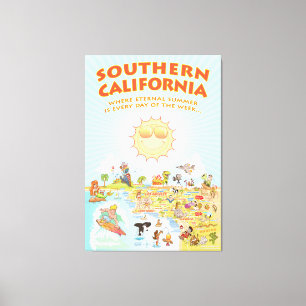 Southern California Cartoon Map Canvas Afdruk