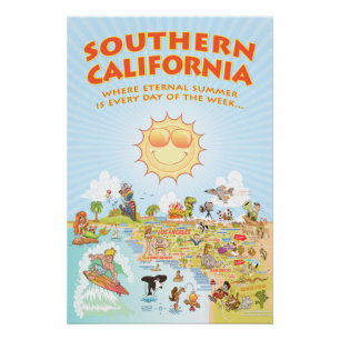 Southern California Cartoon Map Perfect Poster