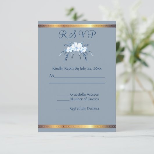 Southern Charm Dusty Blue Wedding Reply RSVP Kaartje (Staand voorkant)