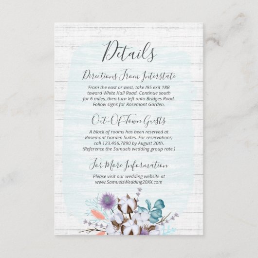 Southern Cotton Floral Wedding Detail / Routebesch Informatiekaartje (Voorkant)
