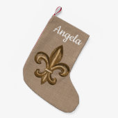Southern Gold Fleur de Lis en Faux Burlap Kleine Kerstsok (Voorkant (Hangend))