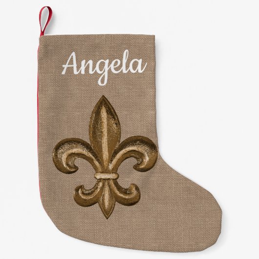 Southern Gold Fleur de Lis en Faux Burlap Kleine Kerstsok (Voorkant)