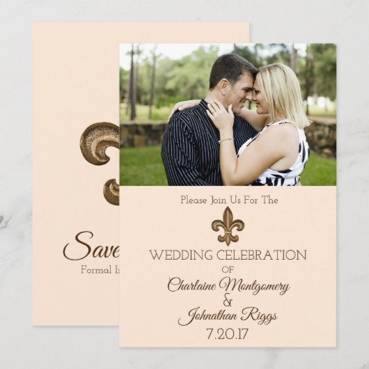 Southern Gold Fleur de Lis Photo Wedding Save The Date (Voorkant / Achterkant)