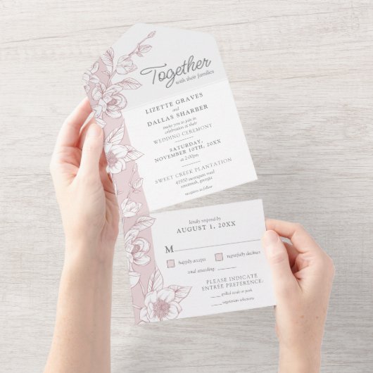 Southern Magnolia Blossom Blush Floral Wedding All In One Uitnodiging (Afscheurbaar)