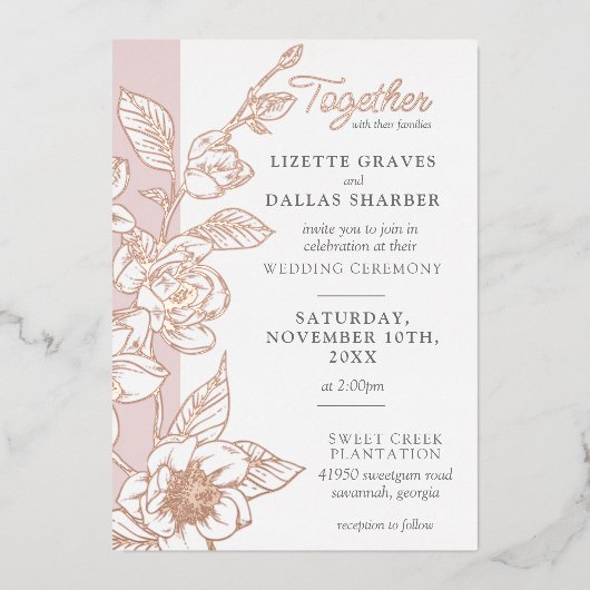 Southern Magnolia Blossom Blush Floral Wedding Folie Uitnodiging (Voorkant)