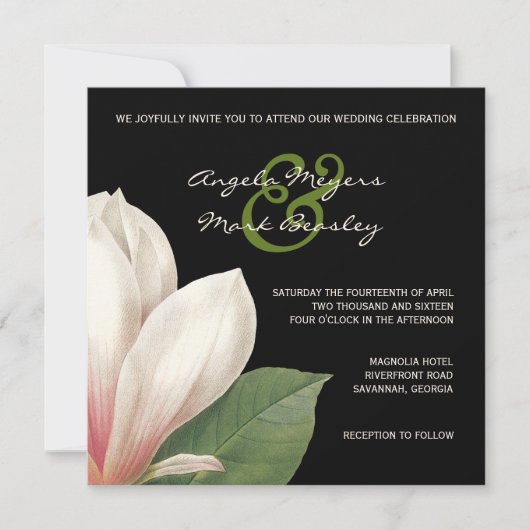 Southern Magnolia Flower Wedding | Elegant Black Kaart (Voorkant)