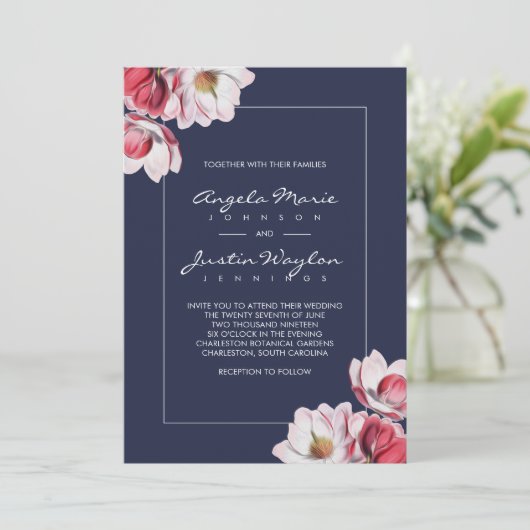 Southern Magnolia Wedding Pink and Blue Kaart (Staand voorkant)