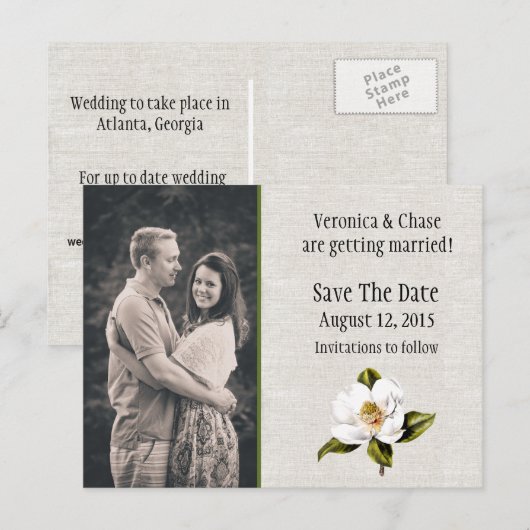 Southern Magnolia Wedding Sla de datum op Aankondigingskaart (Voorkant / Achterkant)