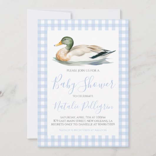 Southern Mallard Duck Blue Gingham Baby shower Kaart (Voorkant)