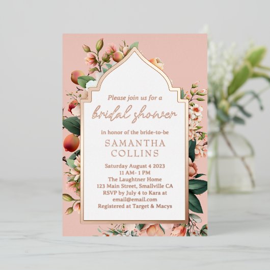 Southern Peach Botanical Vrijgezellenfeest Folie Uitnodiging (Staand Voorkant)