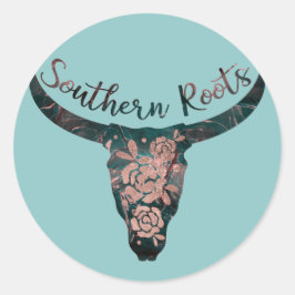 Southern Roots Country Longhorn Roze Roos & Groen Ronde Sticker