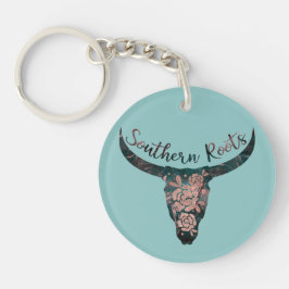 Southern Roots Country Longhorn Roze Roos & Groen Sleutelhanger