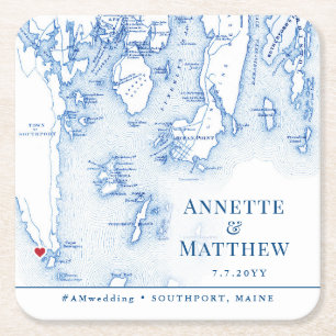 Southport Boothbay Maine Map Wedding Cocktail Hour Kartonnen Onderzetters