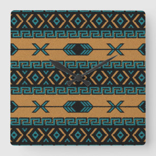 Southwest Aztec pattern Turquoise and Tan Vierkante Klok