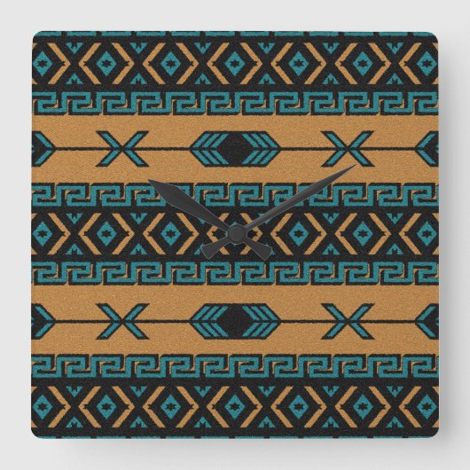 Southwest Aztec pattern Turquoise and Tan Vierkante Klok (Voorkant)