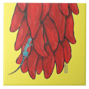 Southwest Blue Lizard Red Chili Pepper Mural Tegeltje