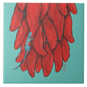 Southwest Blue Lizard Red Chili Pepper Mural Tegeltje