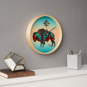 Southwest Buffalo Round Wood Wall klok