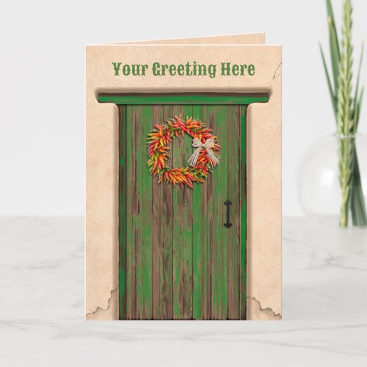 Southwest Chile Ristra Wreath on Rustic Green Door Kaart (Voorkant)