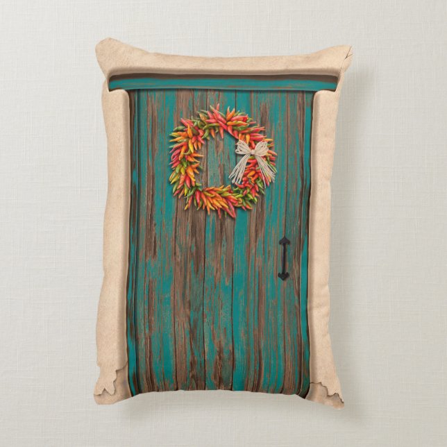 Southwest Chili Wreath on Rustic Blue Wood Dep Accent Kussen (Achterkant (Verticaal))