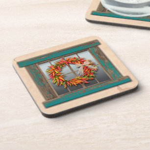 Southwest Chili Wreath on Rustic Blue Wood Window Bier Onderzetter