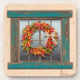 Southwest Chili Wreath on Rustic Blue Wood Window Bier Onderzetter