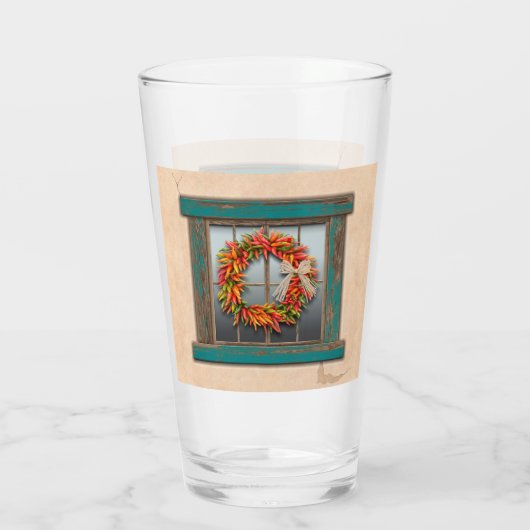 Southwest Chili Wreath on Rustic Blue Wood Window Glas (Achterkant)