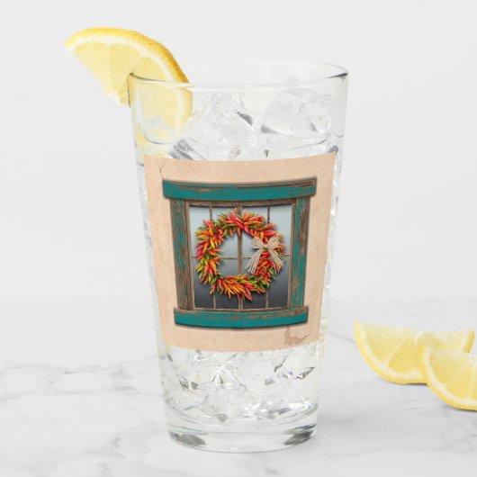 Southwest Chili Wreath on Rustic Blue Wood Window Glas (Voorkant ijs)