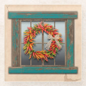 Southwest Chili Wreath on Rustic Blue Wood Window Glazen Onderzetter (Voorkant)