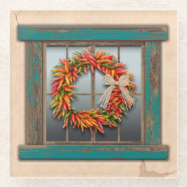 Southwest Chili Wreath on Rustic Blue Wood Window Glazen Onderzetter