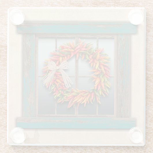 Southwest Chili Wreath on Rustic Blue Wood Window Glazen Onderzetter (Achterkant)