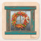 Southwest Chili Wreath on Rustic Blue Wood Window Kartonnen Onderzetters (Voorkant)