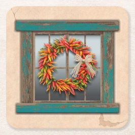 Southwest Chili Wreath on Rustic Blue Wood Window Kartonnen Onderzetters