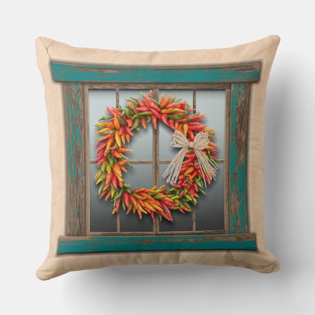 Southwest Chili Wreath on Rustic Blue Wood Window Kussen (Achterkant)